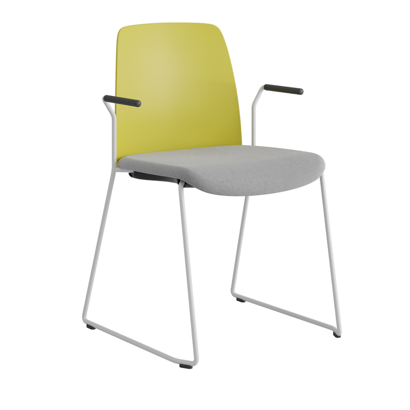 Choice_WhiteStel_GreenNakkestøtte_LysegråSæde Stol med medar och armstöd, tygsits och plastrygg - Choice - Billede 1